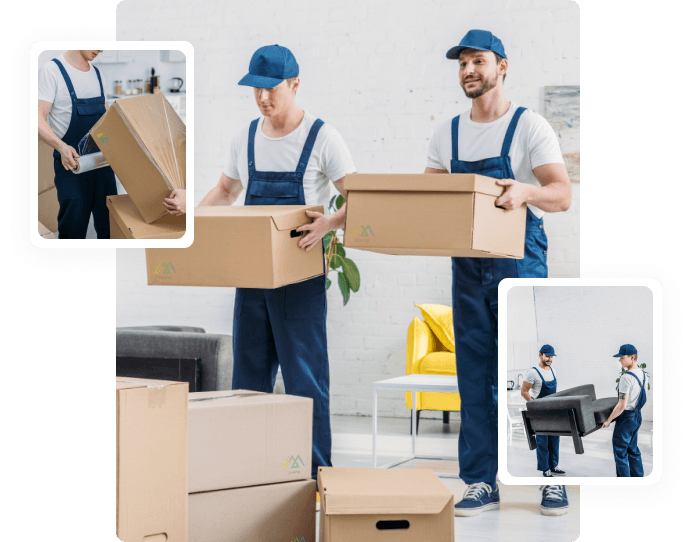 Professional moving crew carrying boxes and furniture